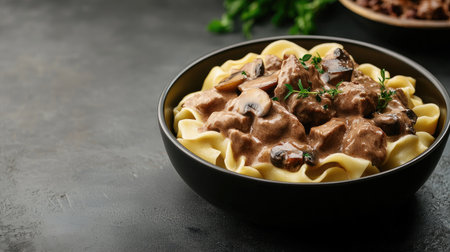 Hearty bowl of Russian beef stroganoff with mushrooms and noodles, with copy space for text or branding.の素材