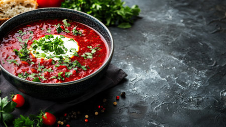 Close-up of traditional Russian borscht with sour cream, garnished with fresh herbs, and plenty of copy space on the side.の素材