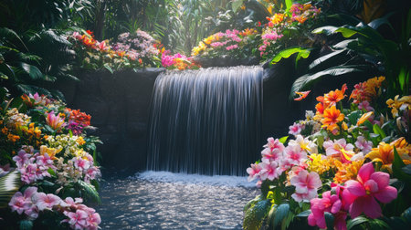 A hidden waterfall in the midst of a vibrant floral landscape, where nature's beauty is on full display in a serene settingの素材