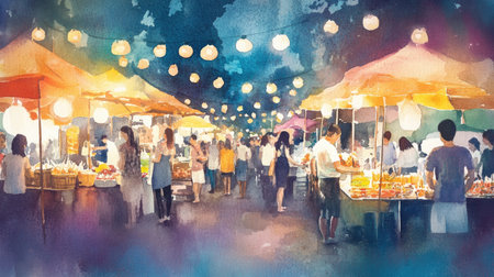 A playful watercolor illustration of Chiang Mai's night market, with twinkling lights, street food, and a joyful crowd in a lively settingの素材