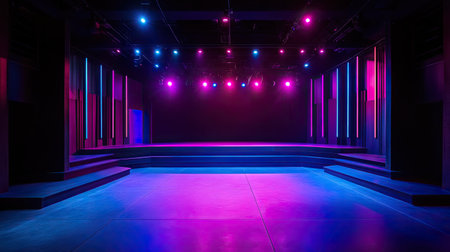 Empty stage bathed in neon lighting, with hues of dark blue, purple, and pink, setting a moody and dramatic scene for a night performanceの素材