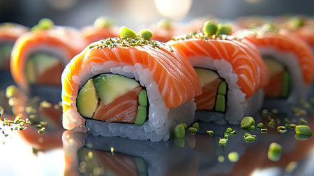 California roll sushi with salmon and avocado, 3D art deco wallpaper style, Asian food advertisement with sushi in focus, healthy seafood culture.の素材