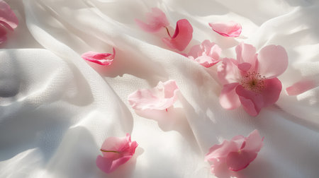 Delicate pink petals spread across white fabric, with natural light casting gentle shadows, creating a soft, elegant compositionの素材
