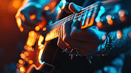 Fingers strumming the strings of an electric guitar in a close-up shot, capturing the raw energy and intensity of a rock concert.の素材