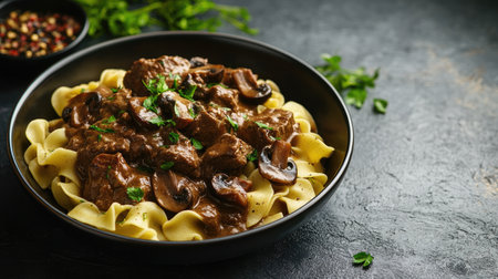Hearty bowl of Russian beef stroganoff with mushrooms and noodles, with copy space for text or branding.の素材