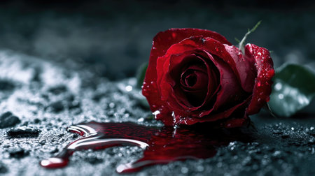 Blood dripping from a rose onto the ground, with a black background and white smog, emphasizingの素材