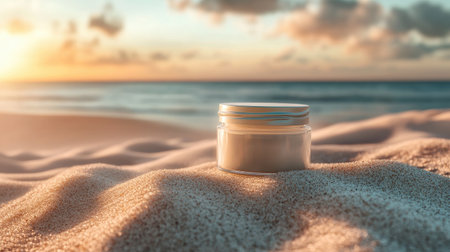 A serene outdoor scene with a jar of creamy moisturizer on soft sand, softly illuminated by the gentle sunlight, creating a peacefulの素材
