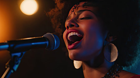 Dynamic Afro-American singer delivering an electrifying vocal performance on stage, exuding energy and passion.の素材