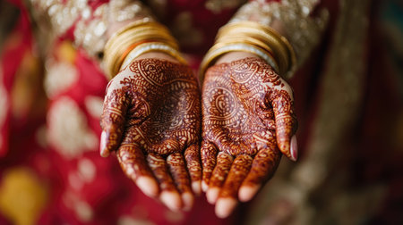 Close-up of a womana hand adorned with intricate henna (mehndi) design during a wedding ceremony, capturing cultural beauty and traditionの素材