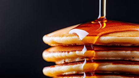 Close-up of a stack of fluffy pancakes dripping with golden maple syrup, capturing the warm, melt-in-your-mouth texture and richの素材