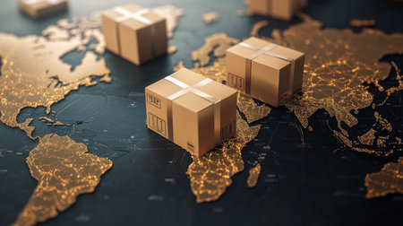 Boxes on a global map, symbolizing the logistics of growing international business and worldwide delivery networksの素材