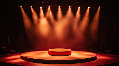 An empty theater stage illuminated by warm spotlights, with a striking red round podium at the centerの素材