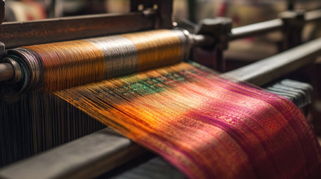 Detailed view of a Kanchipuram silk sari being woven on a handloom, highlighting the craftsmanship of Tamil Nadua textile artisansの素材