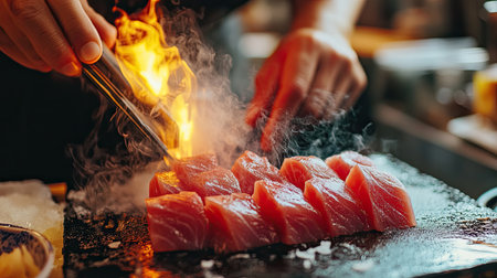 Close-up of a sushi chef carefully torching tuna sashimi with precision, preparing an exquisite omakase sushi dish.の素材