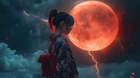 A Japanese singer in the spotlight beneath a blood moon, lightning flashing through the moon, as her voice resonatesの素材