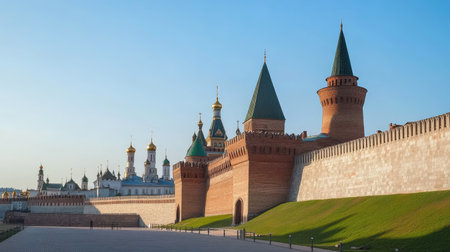 Kazan Kremlin's historic buildings under a clear sky, with no visitors in sight.の素材