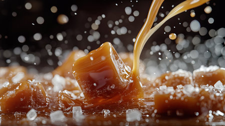 Salty caramel candy captured in mid-air, with caramel sauce pouring over and salt crystals adding texture,の素材