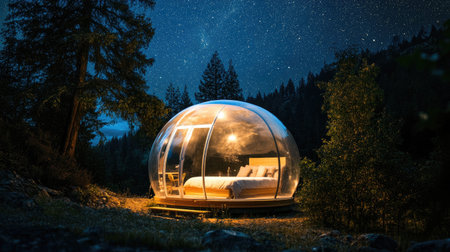 A transparent bubble tent glowing under the stars, surrounded by natural landscape, offering a luxurious and immersive camping experience.の素材