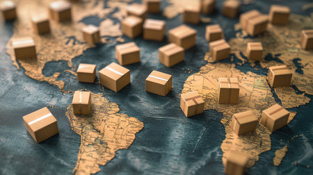 Parcel boxes scattered on a world map, symbolizing the growing impact of international business and logistics.の素材