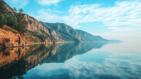 Lake Baikal, serene waters reflecting the surrounding mountains, with no boats or people.の素材