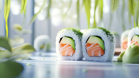 Elegant sushi California roll with salmon, avocado, and seaweed, oriental food advertisement with modern 3D art wallpaper, Asian restaurant theme.の素材