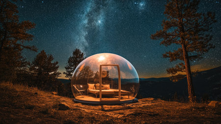 Transparent bubble tent set under a dazzling starry sky, offering an unforgettable outdoor camping experience in nature.の素材