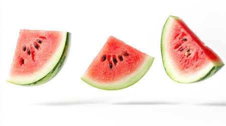 Slices of watermelon in mid-air, perfectly isolated on white, with full depth of field highlighting their refreshing textureの素材