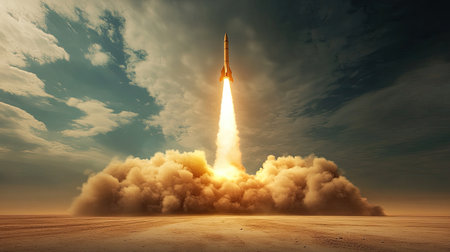 Nuclear missile launching with a trail of smoke and fire from a desert pad, representing technological power.の素材