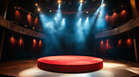 Theater stage with a red round podium, lit by warm spotlights, creating a dramatic setting before the start of a performance.の素材