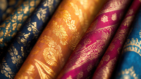 Close-up of Indian cotton textiles with intricate patterns, forming a rich, colorful background.の素材