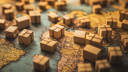 Parcel boxes scattered on a world map, symbolizing the growing impact of international business and logistics.の素材