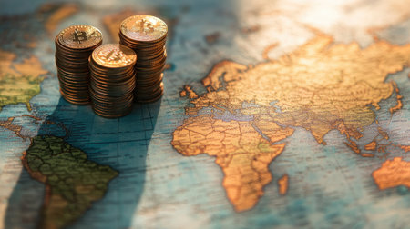 Stack of coins placed on a global map, representing financial growth and the global expansion of businesses.の素材