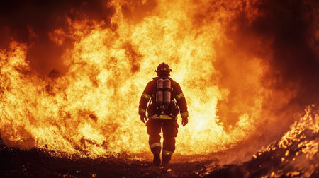 Bravery in action: a firefighter walking directly into a massive blaze, flames surrounding him as he faces the fire head-on.の素材
