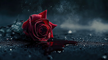 Blood dripping from a rose onto the ground, with a black background and white smog, emphasizingの素材