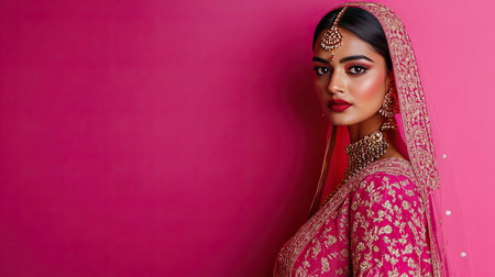 Indian womena traditional dress on a vibrant pink background, creating a stylish fashion-focused composition.の素材