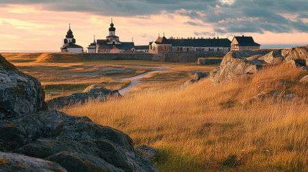 Solovetsky Monastery on the Solovetsky Islands, standing alone in the rugged landscape.の素材