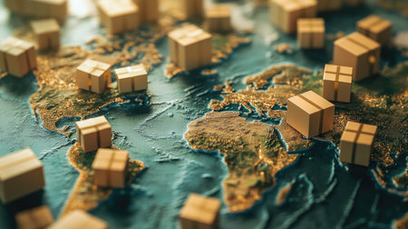 Parcel boxes scattered on a world map, symbolizing the growing impact of international business and logistics.の素材