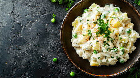 Russian Olivier salad, a classic mix of potatoes, peas, and mayonnaise, with ample copy spaceの素材