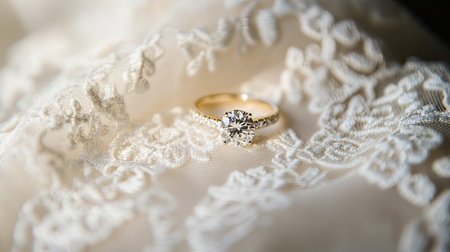 Delicate engagement ring displayed on the lace of a wedding dress, showcasing the timeless beauty of wedding traditionsの素材