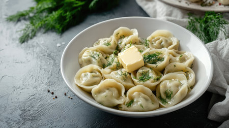 Traditional Russian pelmeni dumplings in a white bowl, topped with butter and dill, with copy space on the sideの素材
