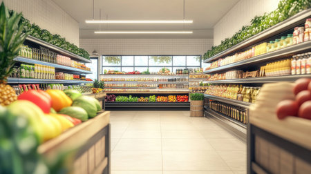An empty supermarket with clean shelves and fresh produce displayed, ready for the day to begin.の素材