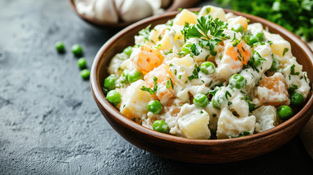 Russian Olivier salad, a classic mix of potatoes, peas, and mayonnaise, with ample copy spaceの素材