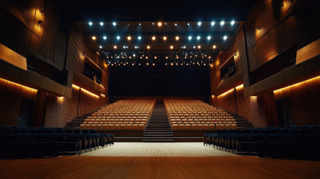 Serene and empty auditorium of a great theatre, with a clear view of the stage and the beautifully arranged seatsの素材