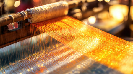 Detailed view of a Kanchipuram silk sari being woven on a handloom, highlighting the craftsmanship of Tamil Nadua textile artisans.の素材