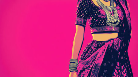 Indian womena traditional dress on a vibrant pink background, creating a stylish fashion-focused composition.の素材