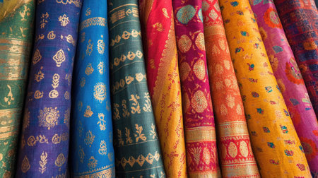Indian cotton textiles in vibrant colors and intricate patterns, creating a bold pattern background.の素材