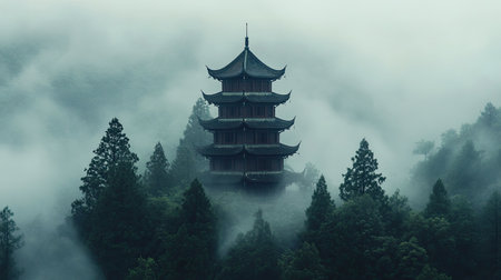 A solitary Chinese pagoda in the mist, with no people or signs of life, surrounded by dense forest.の素材