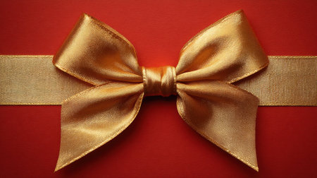 A stunning close-up of an elegant golden bow on a rich red background. This image captures the essence of celebration, making it ideal for festive themes and gift wrapping.の素材