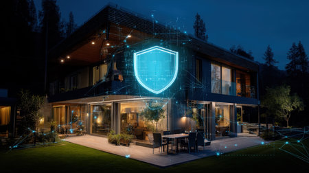 A modern house is beautifully illuminated during the night, featuring a digital security shield that represents advanced technology and safety in a tranquil outdoor space.の素材