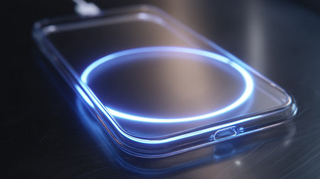 A modern smartphone rests on a sleek dark surface, illuminated by a blue light from its wireless charging feature, representing the latest in mobile device innovation.の素材